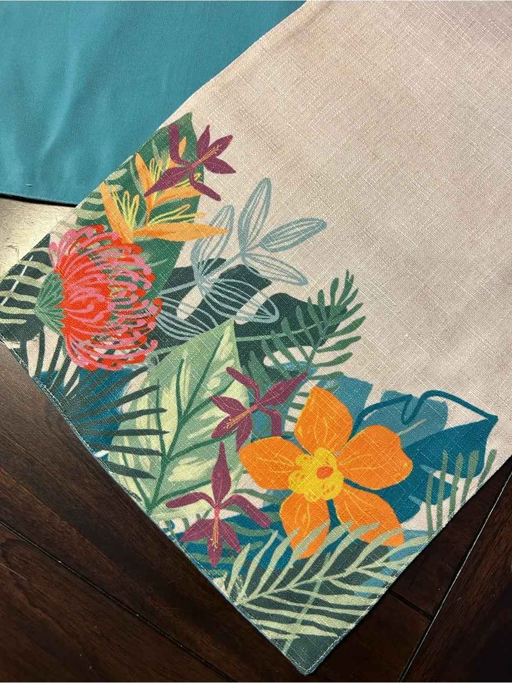 Tropical Floral Table Runner - Beige with Multicolor Accents